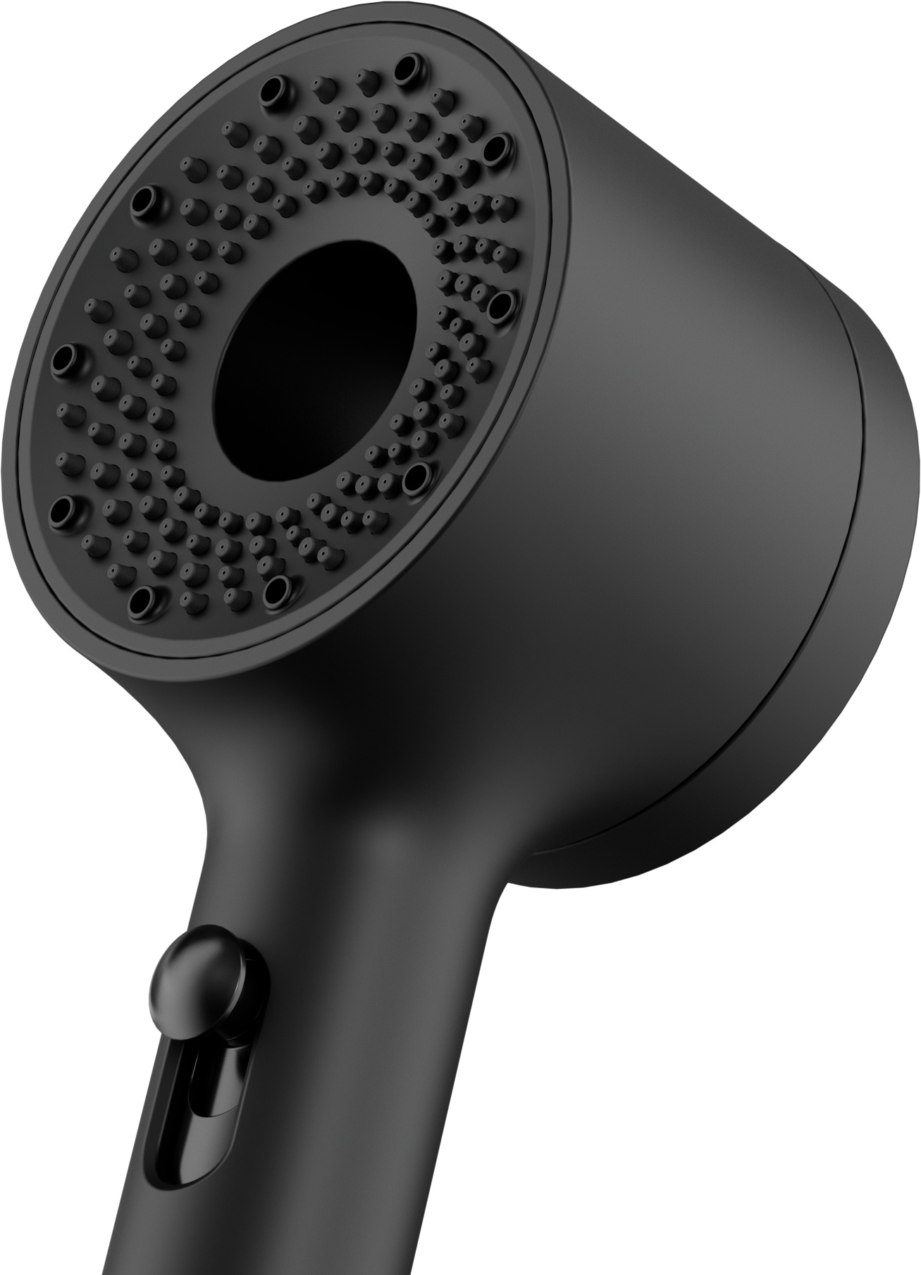 3D vizualizace černé filtrační sprchové hlavice Zenea s detailním pohledem na trysky