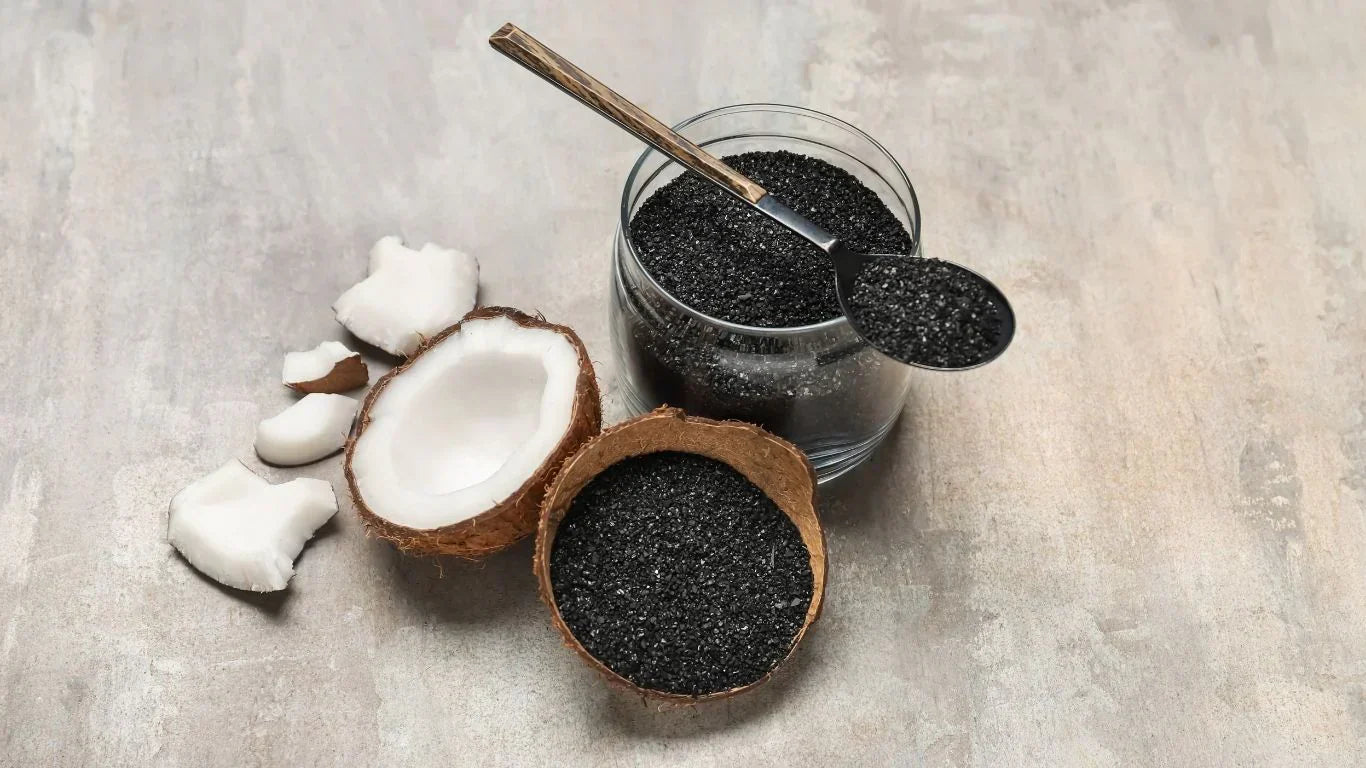 Kokosové skořápky a aktivní uhlí v miskách – přírodní surovina používaná pro výrobu ACF filtrů na čištění a filtraci vody.